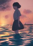  1girl absurdres bird black_hair black_skirt collared_shirt deg_(deguana) highres horizon orange_sky original partially_submerged pleated_skirt shirt short_hair short_sleeves skirt sky solo sunset twilight water white_shirt 