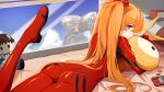  1girl ass bangs blue_eyes bodysuit breasts closed_mouth eyebrows hair_ornament highres leg_up long_hair looking_at_viewer lxy122 lying neon_genesis_evangelion on_stomach orange_hair pilot_suit plugsuit shikinami_asuka_langley smile souryuu_asuka_langley two_side_up 