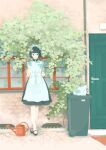  1girl absurdres apron arms_behind_back bangs black_dress black_footwear black_hair blunt_bangs bow cat day door dress highres inoue_haruka_(haruharu210) maid maid_headdress original outdoors plant shadow shoes short_hair solo watering_can white_apron white_bow white_cat wide_shot window 