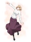  1girl antenna_hair arcueid_brunestud arm_up bangs black_footwear black_legwear blonde_hair eyebrows_visible_through_hair full_body grin hair_between_eyes hair_intakes highres long_skirt long_sleeves pumps purple_skirt red_eyes rio0237 short_hair skirt smile solo sweater tsukihime white_background white_sweater 