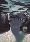  1girl absurdres black_background black_eyes black_hair bubble caustics deg_(deguana) highres looking_at_viewer original portrait shadow short_hair smile solo underwater 