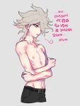  1boy absurdres bangs belt black_belt black_pants breath collarbone commentary_request crossed_arms dangan_ronpa_(series) dangan_ronpa_2:_goodbye_despair grey_background grey_eyes grey_hair hair_over_one_eye highres komaeda_nagito looking_down male_focus medium_hair messy_hair navel nipples pale_skin pants shirtless simple_background sin11111 skinny solo teeth translation_request 