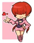  1girl bangs cleavage_cutout clothing_cutout earrings hair_over_eyes hand_on_hip heart ibara. jewelry open_hand redhead shermie_(kof) solo the_king_of_fighters twintails 
