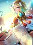  1girl artist_name backlighting bangs blonde_hair blue_eyes blue_hair clear_glass_(mildmild1311) commentary_request detached_sleeves eyebrows_visible_through_hair feather_trim feathers fire_emblem fire_emblem_heroes fjorm_(fire_emblem) floral_print gradient gradient_hair hair_ornament highres japanese_clothes jewelry kimono looking_at_viewer multicolored_hair shiny shiny_hair short_hair simple_background smile solo tiara two-tone_hair wide_sleeves 