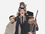  1girl 3boys ainu ainu_clothes arisaka arm_up asirpa bandana black_coat black_eyes black_hair black_headwear black_jacket black_neckwear black_suit blush bolt_action buttons cape closed_mouth coat collar collared_jacket collared_shirt commentary_request facial_hair facing_viewer frown full_body golden_kamuy grey_background grey_eyes gun hair_slicked_back hand_in_hair hat heru22p highres holding holding_gun holding_weapon hood hood_down hooded_cape imperial_japanese_army jacket kepi long_hair long_sleeves looking_at_another looking_at_viewer military military_hat military_uniform multiple_boys muscular muscular_male mustache necktie ogata_hyakunosuke open_clothes open_mouth rifle scar scar_on_cheek scar_on_face scar_on_mouth scar_on_nose scarf shirt short_hair simple_background sitting_on_shoulder smile spiky_hair standing star_(symbol) stubble sugimoto_saichi two-tone_headwear undercut uniform upper_body ushiyama_tatsuma weapon white_cape white_shirt yellow_headwear 