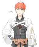  1boy abs bangs cczyjs fate/grand_order fate_(series) hand_on_hip korean_text looking_at_viewer male_focus nagatekkou orange_hair rope sengo_muramasa_(fate) shimenawa simple_background solo upper_body white_background wide_sleeves yellow_eyes 