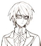  1boy absurdres bangs closed_mouth collared_shirt commentary_request dangan_ronpa:_trigger_happy_havoc dangan_ronpa_(series) dress_shirt frown glasses greyscale high_collar highres jacket looking_at_viewer male_focus monochrome portrait shirt short_hair simple_background sin11111 sketch solo togami_byakuya upper_body white_background 