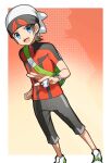  1boy :d absurdres beanie blue_eyes border bracelet brendan_(pokemon) brown_hair capri_pants clenched_hand commentary green_bag hat highres holding holding_poke_ball jewelry male_focus open_mouth outside_border pants poke_ball poke_ball_(basic) pokemon pokemon_(game) pokemon_oras shoes short_sleeves smile solo white_border white_headwear yuihico zipper_pull_tab 