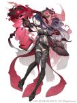  1girl absurdres belt book breasts clothing_cutout dark_blue_hair dark_persona earrings empty_eyes full_body hair_over_one_eye half-nightmare highres jewelry ji_no kaguya_hime_(sinoalice) large_breasts long_hair looking_at_viewer navel_cutout official_art pale_skin parted_lips platform_footwear red_eyes sinoalice solo square_enix thigh-highs white_background 