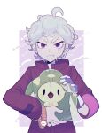  1boy ahoge bangs bede_(pokemon) closed_mouth coat commentary_request curly_hair duosion dynamax_band gen_5_pokemon highres holding holding_pokemon looking_at_viewer male_focus pokemon pokemon_(creature) pokemon_(game) pokemon_swsh purple_coat short_hair smile star_(symbol) thxzmgn violet_eyes watch watch 
