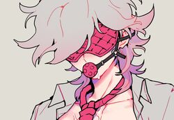  1boy ball_gag bangs collarbone collared_shirt commentary_request dangan_ronpa_(series) dangan_ronpa_2:_goodbye_despair face gag grey_background grey_hair grey_shirt komaeda_nagito male_focus messy_hair o-ring open_clothes open_shirt rope saliva shirt simple_background sin11111 sleep_mask solo upper_body 