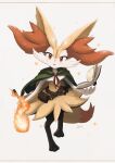  1girl :3 animal_ear_fluff animal_ears artist_name belt black_fur blush body_fur book braixen clothed_pokemon commentary_request english_commentary fire floating floating_object fox_ears fox_girl fox_tail full_body furry gen_6_pokemon green_capelet grey_background happy head_tilt holding holding_stick ikei jpeg_artifacts light_blush looking_at_viewer making-of_available mixed-language_commentary open_book open_mouth partial_commentary paws pokemon pokemon_(creature) pouch red_eyes signature simple_background smile solo standing star_(symbol) stick tail white_fur yellow_fur 