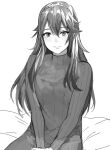  1girl ameno_(a_meno0) fire_emblem fire_emblem_awakening greyscale hair_between_eyes hands_together long_hair long_sleeves looking_at_viewer lucina_(fire_emblem) monochrome simple_background sitting smile solo sweater symbol-shaped_pupils tiara white_background 
