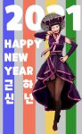  1girl 2021 black_hair blush brown_legwear commentary constricted_pupils detached_sleeves dress english_commentary fang finger_to_mouth full_body garter_straps han_juri hanbok hand_on_hip happy_new_year hat highres jewelry korean_clothes lineni long_dress looking_at_viewer new_year obi purple_dress purple_sleeves red_ribbon ribbon ring sash short_hair solo standing straw_hat street_fighter thigh-highs traditional_clothes violet_eyes 