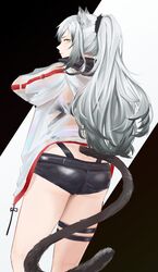  1girl animal_ears arknights ass black_shorts cat_ears cat_tail commentary_request cowboy_shot from_behind highres jacket long_hair looking_at_viewer looking_back olin_(nienxddd) partial_commentary schwarz_(arknights) short_shorts shorts silver_hair solo standing tail thigh_strap thighs very_long_hair 