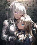  2girls ak-12_(girls_frontline) an-94_(girls_frontline) artificial_eye bangs black_gloves blue_eyes braid brick_wall closed_mouth french_braid girls_frontline gloves hairband long_hair long_sleeves looking_at_viewer multiple_girls one_eye_closed partially_fingerless_gloves silence_girl silver_hair upper_body violet_eyes 