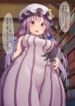  1girl absurdres blush book breasts crescent dress eyebrows_visible_through_hair hat highres indoors library long_hair mamemochi medium_breasts mob_cap open_mouth patchouli_knowledge plump purple_hair red_eyes sleeveless sleeveless_dress solo_focus speech_bubble striped touhou translation_request vertical-striped_dress vertical_stripes white_headwear 