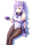  1girl absurdres bare_shoulders black_legwear breasts choker covered_navel cup double_bun drinking_glass genshin_impact hair_bun half-closed_eyes highres keqing_(genshin_impact) leotard medium_breasts pantyhose purple_hair raismawn sitting smile solo twintails violet_eyes 