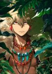  1boy bakugou_katsuki bangs beads blonde_hair blurry_foreground boku_no_hero_academia closed_mouth collarbone earrings frown fur_trim hair_between_eyes highres jewelry leaf looking_at_viewer male_focus mkm_(mkm_storage) nature necklace official_alternate_costume outdoors red_eyes short_hair signature spiky_hair toned tooth_necklace tree upper_body 