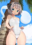  1girl absurdres ass_visible_through_thighs black_hairband black_ribbon blue_eyes blue_sky blush clouds collarbone commentary_request day eyebrows_visible_through_hair hair_ribbon hairband highres konpaku_youmu konpaku_youmu_(ghost) looking_at_viewer mamemochi ocean one-piece_swimsuit open_mouth outdoors palm_tree ribbon school_swimsuit short_hair silver_hair sky smile solo standing swimsuit thighs touhou tree white_swimsuit 