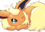  :3 artist_name closed_mouth commentary_request dated flareon gen_1_pokemon green_eyes highres looking_at_viewer no_humans okoge_(simokaji) one_eye_closed paws pokemon pokemon_(creature) smile solo toes white_background yellow_fur 