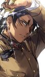  1boy arm_up bangs black_hair brown_jacket buttons collar collared_jacket commentary_request dark_skin dark_skinned_male golden_kamuy highres holding holding_sword holding_weapon imperial_japanese_army jacket koito_otonoshin long_sleeves looking_at_viewer male_focus military military_uniform oziozi_kamuy parted_bangs parted_lips pocket sheath sheathed short_hair sword uniform upper_body weapon 