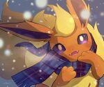  clothed_pokemon commentary fangs flareon floating_scarf gen_1_pokemon head_tilt highres looking_at_viewer no_humans nullma open_mouth plaid plaid_scarf pokemon pokemon_(creature) scarf smile snowing solo violet_eyes 