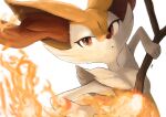  1girl animal_ear_fluff animal_ears arm_up artist_name body_fur braixen commentary english_commentary fire fox_ears fox_girl furry gen_6_pokemon hand_up highres holding holding_stick ikei jpeg_artifacts mixed-language_commentary open_mouth pokemon pokemon_(creature) red_eyes signature simple_background solo stick upper_body white_background white_fur yellow_fur 