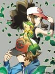  1boy 1girl antenna_hair baseball_cap black_vest black_wristband blue_jacket brown_eyes brown_hair closed_mouth commentary_request eyelashes gen_5_pokemon glowing grey_background hand_on_headwear hat highres hilbert_(pokemon) hilda_(pokemon) jacket leaf long_hair looking_at_viewer nagiru pokemon pokemon_(creature) pokemon_(game) pokemon_bw sidelocks simple_background snivy starter_pokemon vest wristband zipper_pull_tab 