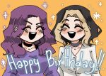  2girls blonde_hair blush brown_hair choker closed_eyes cute dream_smp duo female happy_birthday justaminx multicolored_hair nayhan227_(pixiv_id_6796211) necklace nihachu purple_hair purple_shirt smile sparkle text white_shirt yellow_background youtube 