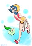  1girl ass bike_shorts blue_hair breasts chikorita chorimokki gen_2_pokemon hat holding kris_(pokemon) long_hair no_socks open_mouth pokemon pokemon_(creature) pokemon_(game) pokemon_gsc simple_background smile starter_pokemon twintails 