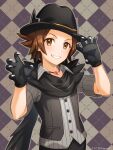  1boy black_gloves black_headwear black_scarf blush brown_eyes brown_hair buttons claw_pose clenched_teeth collared_shirt commentary_request gloves grey_shirt hands_up hat highres hilbert_(pokemon) jewelry looking_at_viewer male_focus nagiru necklace pokemon pokemon_(game) pokemon_masters_ex scarf shirt sleeves_rolled_up smile solo teeth vest 