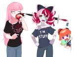  3girls :d bandaged_arm bandages black_bow black_shirt bow brand_name_imitation choker clothes_writing colored_inner_hair colored_skin commentary contrapposto denim diamond-shaped_pupils diamond_(shape) double_bun dr_pepper drinking english_commentary english_text green_choker green_eyes green_hair grey_pants grey_shirt grey_skin hair_bow hat heterochromia highres hololive hololive_indonesia impaled jeans jitome kureiji_ollie long_hair looking_at_another looking_to_the_side mori_calliope multicolored multicolored_hair multicolored_skin multiple_girls off-shoulder_shirt off_shoulder open_mouth orange_hair pants patchwork_skin pink_hair pointing pointing_at_self red_headwear redhead ribbon_choker shirt short_sleeves sideways_glance signature simple_background smile stitched_arm stitched_face streaked_hair sword symbol-shaped_pupils takanashi_kiara violet_eyes virtual_youtuber weapon white_background wide_sleeves x_x yellow_eyes yoako zombie 