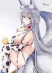  1girl animal_ear_fluff animal_ears animal_print artist_name ass azur_lane bare_shoulders bell bell_collar bikini breasts collar cow_print elbow_gloves fox_ears fox_tail from_behind gloves grey_background highres holding large_breasts looking_at_viewer looking_back manjuu_(azur_lane) red_collar shinano_(azur_lane) simple_background sitting solo swimsuit tail thighs tnolize untied untied_bikini white_bikini white_gloves white_legwear 