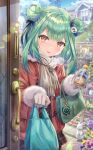  1girl alternate_costume bag blush casual commentary_request gloves green_hair grocery_bag heavy_breathing highres hololive looking_at_viewer red_eyes scarf shopping_bag solo torino_akua uruha_rushia virtual_youtuber winter_clothes 