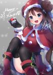  1girl :d bangs black_gloves black_legwear blue_eyes blush boots brown_hair capelet double_bun dress fur-trimmed_capelet fur-trimmed_gloves fur-trimmed_headwear fur_trim gloves grey_background hair_between_eyes hat head_tilt herunia_kokuoji highres holding holding_poke_ball long_hair looking_at_viewer merry_christmas open_mouth poke_ball pokemon pokemon_(game) pokemon_bw2 red_capelet red_dress red_footwear red_headwear rosa_(pokemon) santa_costume santa_hat shiny shiny_hair shiny_skin short_dress sitting smile solo thigh-highs twintails very_long_hair 