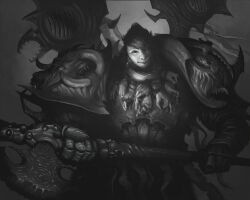 1boy adeptus_astartes androgynous axe battle_axe chaos_space_marine emperor&#039;s_children greyscale highres holding holding_axe living_armor looking_at_viewer monochrome nikita_kapitunov no_headwear severed_hand solo warhammer_40k weapon 