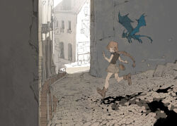  1girl artist_name bag braid braided_ponytail brown_hair commentary demizu_posuka horns long_hair original running shorts shoulder_bag wings 