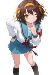  1girl absurdres armband black_socks blue_skirt breasts brown_eyes brown_hair finger_to_own_chin hairband hand_on_own_hip highres hongchajun kita_high_school_uniform leaning_forward looking_at_viewer medium_breasts miniskirt one_eye_closed orange_armband school_uniform serafuku shirt short_hair simple_background skirt smile socks solo suzumiya_haruhi suzumiya_haruhi_no_yuuutsu white_background white_shirt yellow_hairband 