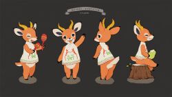  1boy animal_crossing beau_(animal_crossing) blue_eyes body_fur deer_boy eating food fruit full_body furry furry_male green_background holding holding_food holding_fruit holding_instrument holding_maracas hooves instrument looking_at_viewer male_focus maracas multiple_views nagabe on_tree_stump orange_fur pear simple_background sleeveless sleeveless_sweater sweater tail tree_stump white_sweater 