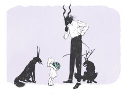  1boy 1girl black_fur body_fur child creature dress food fruit furry furry_male hand_on_own_chin hand_on_own_hip holding holding_food holding_fruit holding_watermelon horns looking_at_another nagabe purple_background sandals sensei_(totsukuni_no_shoujo) shirt shiva_(totsukuni_no_shoujo) simple_background tail totsukuni_no_shoujo watermelon 