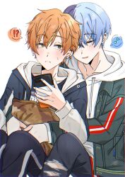  !? 2boys aoyagi_touya blonde_hair blue_hair blush cellphone closed_eyes closed_mouth drawstring ear_chain earrings fingernails green_eyes hand_up hashtag-only_commentary highres holding holding_phone hood hood_down hooded_jacket hoodie hug hug_from_behind jacket jacket_over_hoodie jewelry knees_up linked_piercing long_sleeves male_focus multicolored_hair multiple_boys musical_note open_clothes open_jacket open_mouth orange_hair pants phone piercing pillow project_sekai shinonome_akito short_hair simple_background smartphone smile speech_bubble split-color_hair spoken_musical_note streaked_hair torn_clothes torn_pants two-tone_hair white_background white_hoodie zero_(zero_2255) 
