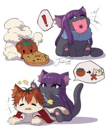  ! absurdres animal animal_focus animal_with_hair animalization brown_hair cat clothed_animal commentary_request doughnut fern_(sousou_no_frieren) food grey_background highres j_humbo long_hair looking_at_viewer multicolored_hair purple_hair signature simple_background sitting smoke sousou_no_frieren speech_bubble spoken_exclamation_mark stark_(sousou_no_frieren) tomato two-tone_hair 
