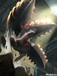  1boy 1girl absurdres artist_name bo_(bouillustration) brown_fur brown_helmet canari_(pokemon) claws dot_pupils excadrill facial_hair grandfather_and_granddaughter helmet highres hologram horns long_claws long_horns mask mega_excadrill mega_pokemon mole_(animal) mouth_mask old old_man pink_nose pokemon pokemon_(creature) pokemon_focus pokemon_legends:_z-a single_horn tarragon_(pokemon) v-shaped_eyes 