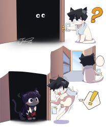  ? absurdres animal animalization black_hair cat clothed_animal commentary d: highres j_humbo komi-san_wa_komyushou_desu komi_shouko light_switch long_hair no_humans open_door scared short_hair speech_bubble sweater symbol-only_commentary tadano_hitohito towel whiskers white_background 