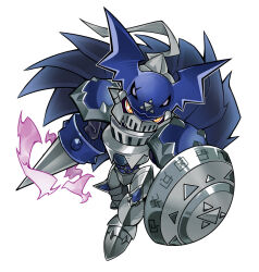  apollousa_(hwcdmw1997) armor asymmetrical_dual_wielding black_armor black_helmet blue_cape cape chaosdukemon chibi digimon digimon_(creature) dual_wielding helmet highres holding holding_polearm holding_shield holding_weapon knight lance polearm shield simple_background solo weapon white_background yellow_eyes 