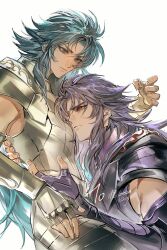  2boys absurdres armor blue_eyes blue_hair brothers closed_mouth cowboy_shot duoj_ji fingerless_gloves from_side gauntlets gemini_kanon gemini_saga gloves gold_armor gold_cloth gold_saint highres hug leaning_on_person long_hair looking_at_another male_focus multiple_boys pauldrons purple_armor purple_hair red_eyes saint_seiya shoulder_armor siblings twins twitter_username upper_body white_background 