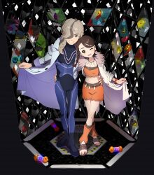  1boy 1girl absurdres arven_(pokemon) blue_eyes bodysuit brown_eyes brown_hair brute_bonnet coat commentary cosplay flutter_mane grey_hair hair_ornament hair_over_one_eye hand_on_another's_hip highres iron_bundle iron_hands_(pokemon) iron_jugulis iron_moth iron_thorns iron_valiant jewelry juliana_(pokemon) lab_coat long_hair long_sleeves necklace one_eye_closed open_clothes open_coat open_mouth pokemon pokemon_(creature) pokemon_sv professor_sada professor_sada_(cosplay) professor_turo professor_turo_(cosplay) roaring_moon sandy_shocks scream_tail skirt slither_wing standing tli_eilt_pk 