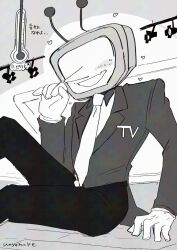  1boy 2025 2d ant_tenna artist_name blush crt deltarune digital_media gloves heart humanoid humanoid_robot male male_focus male_only monochrome necktie no_eyes object_head pants pointy_nose radio_antenna robot robot_boy simple_background sitting solo suit tailcoat television thermometer unyomoke utdr_(toby_fox) white_background 