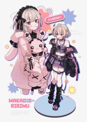  1girl :t animal_hood arm_belt arm_strap belt belt_buckle black_belt black_collar black_headdress black_jacket black_leg_warmers black_ribbon black_straps blush_stickers bob_cut buckle center-flap_bangs chain chain_necklace character_name collar collarbone colored_inner_hair crop_top cropped_legs cross-laced_clothes cross-laced_top ear_cuffs fang flame_print floating_hair food_print frilled_jacket frilled_shirt_collar frills fruit_print full_body grey_hair hair_bobbles hair_intakes hair_ornament heart heart_print highres hood hood_down hooded_jacket hugging_doll hugging_object jacket jewelry leg_belt leg_tattoo leg_warmers lightning_bolt_print lollipop_in_mouth loose_belt maid_headdress makaino_ririmu makaino_ririmu_(5th_costume) makaino_ririmu_(6th_costume) matana medium_hair midriff miniskirt multicolored_hair multiple_belts multiple_views navel necklace nijisanji no_headwear off_shoulder open_clothes open_jacket parted_lips pendant pink_belt pink_hair pink_jacket pink_shoes pink_skirt pink_streaks plaid_clothes plaid_skirt pleated_skirt pointy_ears rabbit_hood red_eyes ribbon shoes short_hair shoulder_tattoo skin_fang skirt sleeves_past_fingers sleeves_past_wrists smile spiked_collar spikes standing star_(symbol) star_hair_ornament strawberry_print streaked_hair studded_belt stuffed_animal stuffed_rabbit stuffed_toy tattoo thigh_strap two-sided_fabric two-sided_jacket two-tone_hair two_side_up unbuttoned unzipped v_arms virtual_youtuber white_background winged_heart winged_heart_tattoo wolf_cut 